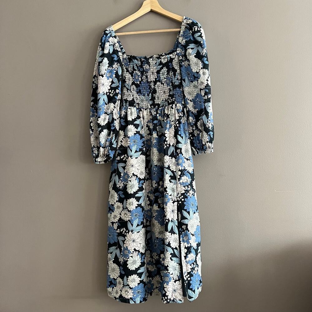 J.Crew Linen Daydream Dress Womens Medium Zinnia Floral Smocked Puff Sleeve Midi